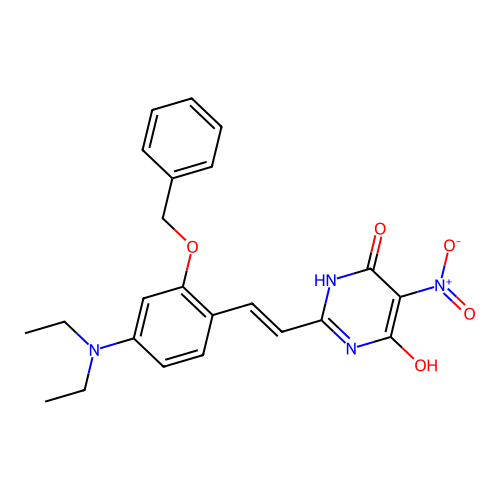 (E)-2-(2-(benzyloxy)-4-(diethylamino)styryl)-6-hydroxy-5-nitropyrimidin-4(3H)-one structure