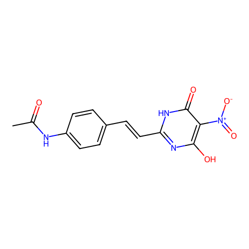 N-{4-[(E)-2-(4,6-dihydroxy-5-nitropyrimidin-2-yl)ethenyl]phenyl}acetamide structure