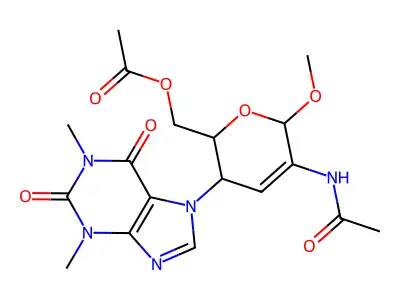 [5-acetamido-3-(1,3-dimethyl-2,6-dioxopurin-7-yl)-6-methoxy-3,6-dihydro-2H-pyran-2-yl]methyl acetate structure