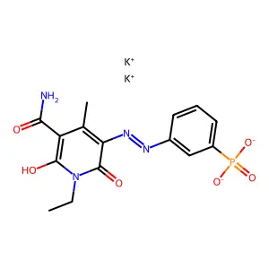 Dipotassium 3-[3-carbamoyl-1-ethyl-1,2-dihydro-6-hydroxy-4-methyl-2-oxo-5-pyridylazo]phenylphosphonate structure
