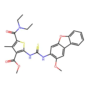 methyl 5-(diethylcarbamoyl)-2-(3-(2-methoxydibenzo[b,d]furan-3-yl)thioureido)-4-methylthiophene-3-carboxylate structure