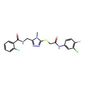 N-[[5-[2-(3-chloro-4-fluoroanilino)-2-oxoethyl]sulfanyl-4-methyl-1,2,4-triazol-3-yl]methyl]-2-fluorobenzamide structure