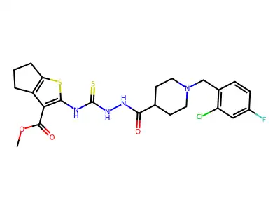 methyl 2-({[({1-[(2-chloro-4-fluorophenyl)methyl](4-piperidyl)}carbonylamino)a mino]thioxomethyl}amino)-4,5,6-trihydrocyclopenta[2,1-b]thiophene-3-carboxylat e structure