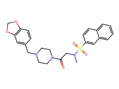 N-[2-[4-(1,3-benzodioxol-5-ylmethyl)piperazin-1-yl]-2-oxoethyl]-N-methylnaphthalene-2-sulfonamide structure