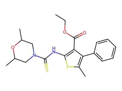 ethyl 2-(2,6-dimethylmorpholine-4-carbothioamido)-5-methyl-4-phenylthiophene-3-carboxylate structure