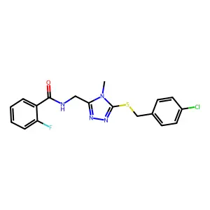 N-({5-[(4-chlorobenzyl)sulfanyl]-4-methyl-4H-1,2,4-triazol-3-yl}methyl)-2-fluorobenzamide structure