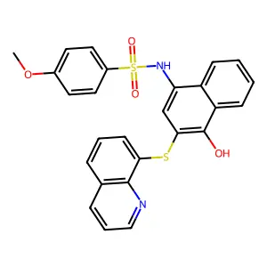 N-[4-hydroxy-3-(8-quinolinylsulfanyl)-1-naphthyl]-4-methoxybenzenesulfonamide structure