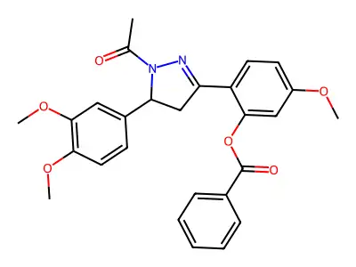 2-(1-acetyl-5-(3,4-dimethoxyphenyl)-4,5-dihydro-1H-pyrazol-3-yl)-5-methoxyphenyl benzoate structure