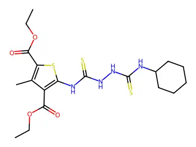 diethyl 5-({[2-(cyclohexylcarbamothioyl)hydrazinyl]carbonothioyl}amino)-3-methylthiophene-2,4-dicarboxylate structure