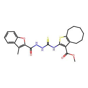methyl 2-(2-(3-methylbenzofuran-2-carbonyl)hydrazinecarbothioamido)-4,5,6,7,8,9-hexahydrocycloocta[b]thiophene-3-carboxylate structure