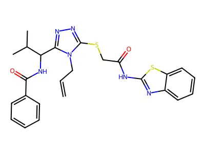 N-{1-[5-{[2-(1,3-benzothiazol-2-ylamino)-2-oxoethyl]sulfanyl}-4-(prop-2-en-1-yl)-4H-1,2,4-triazol-3-yl]-2-methylpropyl}benzamide structure