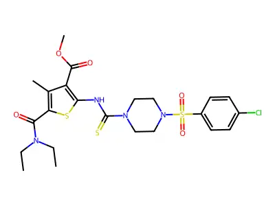 methyl 2-(4-((4-chlorophenyl)sulfonyl)piperazine-1-carbothioamido)-5-(diethylcarbamoyl)-4-methylthiophene-3-carboxylate structure