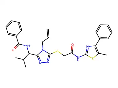 N-[2-methyl-1-[5-[2-[(5-methyl-4-phenyl-1,3-thiazol-2-yl)amino]-2-oxoethyl]sulfanyl-4-prop-2-enyl-1,2,4-triazol-3-yl]propyl]benzamide structure