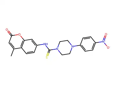 N-(4-methyl-2-oxochromen-7-yl)-4-(4-nitrophenyl)piperazine-1-carbothioamide structure