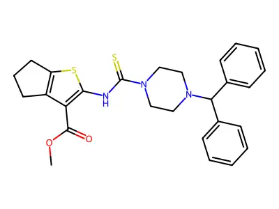 methyl 2-({[4-(diphenylmethyl)piperazin-1-yl]carbonothioyl}amino)-5,6-dihydro-4H-cyclopenta[b]thiophene-3-carboxylate structure