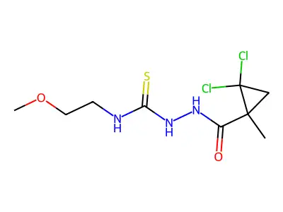 1-[(2,2-Dichloro-1-methylcyclopropanecarbonyl)amino]-3-(2-methoxyethyl)thiourea structure