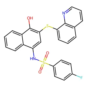 4-fluoro-N-[4-hydroxy-3-(8-quinolinylthio)-1-naphthyl]benzenesulfonamide structure