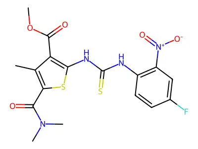 methyl 5-(dimethylcarbamoyl)-2-(3-(4-fluoro-2-nitrophenyl)thioureido)-4-methylthiophene-3-carboxylate structure