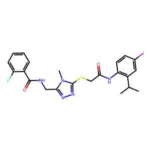 2-fluoro-N-({5-[(2-{[4-iodo-2-(propan-2-yl)phenyl]amino}-2-oxoethyl)sulfanyl]-4-methyl-4H-1,2,4-triazol-3-yl}methyl)benzamide structure