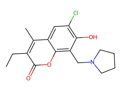 6-chloro-3-ethyl-7-hydroxy-4-methyl-8-(pyrrolidin-1-ylmethyl)-2H-chromen-2-one structure