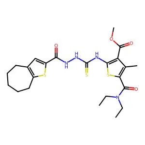 methyl 5-(diethylcarbamoyl)-4-methyl-2-({[2-(5,6,7,8-tetrahydro-4H-cyclohepta[b]thiophen-2-ylcarbonyl)hydrazinyl]carbonothioyl}amino)thiophene-3-carboxylate structure