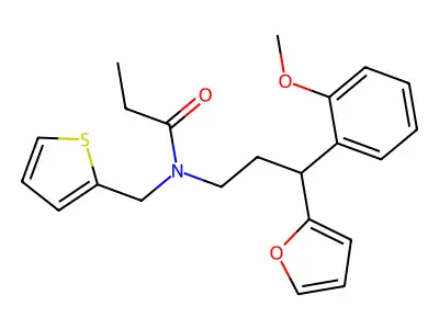 N-[3-(furan-2-yl)-3-(2-methoxyphenyl)propyl]-N-(thiophen-2-ylmethyl)propanamide structure