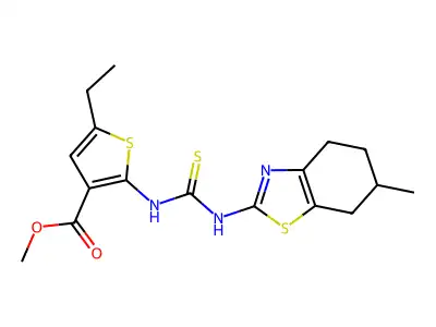 methyl 5-ethyl-2-({[(6-methyl(4,5,6,7-tetrahydrobenzothiazol-2-yl))amino]thiox omethyl}amino)thiophene-3-carboxylate structure