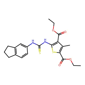 diethyl 5-(2,3-dihydro-1H-inden-5-ylcarbamothioylamino)-3-methylthiophene-2,4-dicarboxylate structure