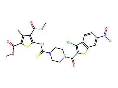 dimethyl 5-(4-(3-chloro-6-nitrobenzo[b]thiophene-2-carbonyl)piperazine-1-carbothioamido)-3-methylthiophene-2,4-dicarboxylate structure