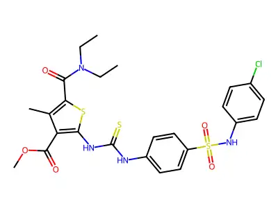 methyl 2-(3-(4-(N-(4-chlorophenyl)sulfamoyl)phenyl)thioureido)-5-(diethylcarbamoyl)-4-methylthiophene-3-carboxylate structure