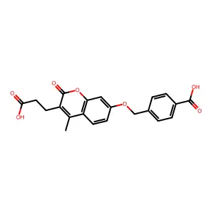 4-({[3-(2-carboxyethyl)-4-methyl-2-oxo-2H-chromen-7-yl]oxy}methyl)benzoic acid structure