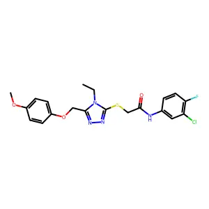 N-(3-chloro-4-fluorophenyl)-2-({4-ethyl-5-[(4-methoxyphenoxy)methyl]-4H-1,2,4-triazol-3-yl}sulfanyl)acetamide structure