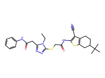 2-[5-({2-[(6-tert-butyl-3-cyano-4,5,6,7-tetrahydro-1-benzothiophen-2-yl)amino]-2-oxoethyl}sulfanyl)-4-ethyl-4H-1,2,4-triazol-3-yl]-N-phenylacetamide structure