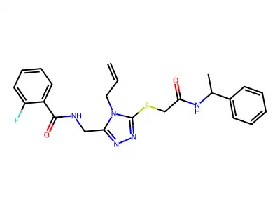 2-fluoro-N-[[5-[2-oxo-2-(1-phenylethylamino)ethyl]sulfanyl-4-prop-2-enyl-1,2,4-triazol-3-yl]methyl]benzamide structure