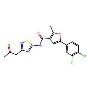 5-(3,4-dichlorophenyl)-2-methyl-N-[3-(2-oxopropyl)-1,2,4-thiadiazol-5-yl]furan-3-carboxamide structure