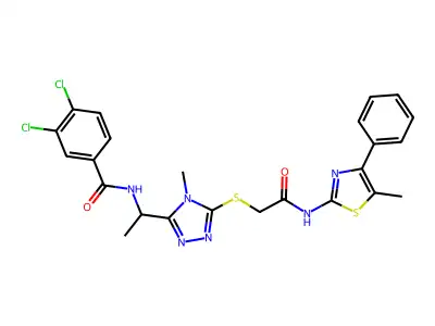 3,4-dichloro-N-[1-[4-methyl-5-[2-[(5-methyl-4-phenyl-1,3-thiazol-2-yl)amino]-2-oxoethyl]sulfanyl-1,2,4-triazol-3-yl]ethyl]benzamide structure