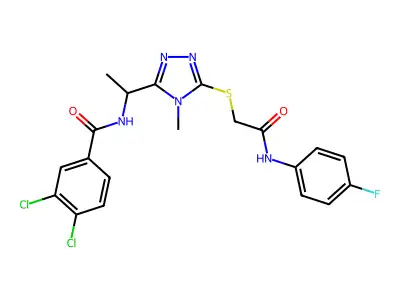 3,4-dichloro-N-[1-[5-[2-(4-fluoroanilino)-2-oxoethyl]sulfanyl-4-methyl-1,2,4-triazol-3-yl]ethyl]benzamide structure