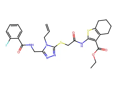 ethyl 2-[({[5-({[(2-fluorophenyl)carbonyl]amino}methyl)-4-(prop-2-en-1-yl)-4H-1,2,4-triazol-3-yl]sulfanyl}acetyl)amino]-4,5,6,7-tetrahydro-1-benzothiophene-3-carboxylate structure