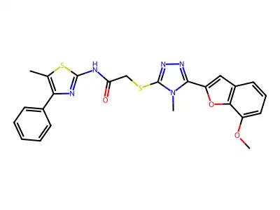 2-[[5-(7-methoxy-1-benzofuran-2-yl)-4-methyl-1,2,4-triazol-3-yl]sulfanyl]-N-(5-methyl-4-phenyl-1,3-thiazol-2-yl)acetamide structure