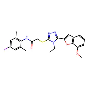 2-[[4-ethyl-5-(7-methoxy-1-benzofuran-2-yl)-1,2,4-triazol-3-yl]sulfanyl]-N-(4-iodo-2,6-dimethylphenyl)acetamide structure