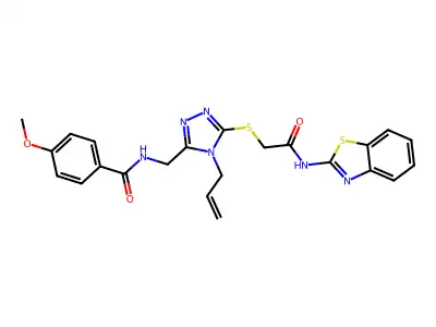 N-[[5-[2-(1,3-benzothiazol-2-ylamino)-2-oxoethyl]sulfanyl-4-prop-2-enyl-1,2,4-triazol-3-yl]methyl]-4-methoxybenzamide structure