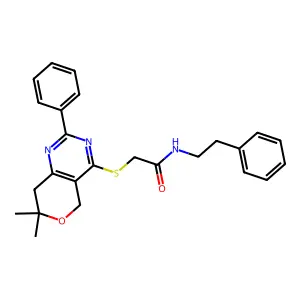 2-((7,7-dimethyl-2-phenyl-7,8-dihydro-5H-pyrano[4,3-d]pyrimidin-4-yl)thio)-N-phenethylacetamide structure