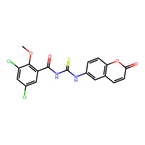3,5-dichloro-2-methoxy-N-[(2-oxochromen-6-yl)carbamothioyl]benzamide structure