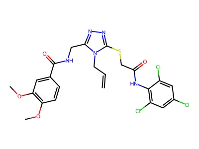 3,4-dimethoxy-N-[[5-[2-oxo-2-(2,4,6-trichloroanilino)ethyl]sulfanyl-4-prop-2-enyl-1,2,4-triazol-3-yl]methyl]benzamide structure