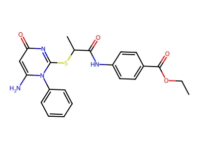 ethyl 4-(2-((6-amino-4-oxo-1-phenyl-1,4-dihydropyrimidin-2-yl)thio)propanamido)benzoate structure