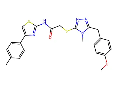 2-[[5-[(4-methoxyphenyl)methyl]-4-methyl-1,2,4-triazol-3-yl]sulfanyl]-N-[4-(4-methylphenyl)-1,3-thiazol-2-yl]acetamide structure