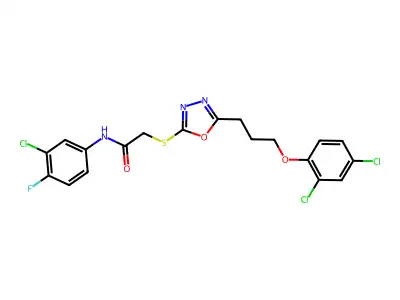 N-(3-chloro-4-fluorophenyl)-2-({5-[3-(2,4-dichlorophenoxy)propyl]-1,3,4-oxadiazol-2-yl}sulfanyl)acetamide structure