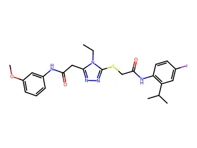 2-[4-ethyl-5-[2-(4-iodo-2-propan-2-ylanilino)-2-oxoethyl]sulfanyl-1,2,4-triazol-3-yl]-N-(3-methoxyphenyl)acetamide structure
