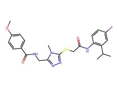 N-({5-[(2-{[4-iodo-2-(propan-2-yl)phenyl]amino}-2-oxoethyl)sulfanyl]-4-methyl-4H-1,2,4-triazol-3-yl}methyl)-4-methoxybenzamide structure