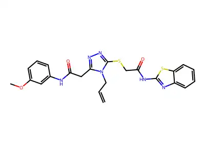 2-[5-[2-(1,3-benzothiazol-2-ylamino)-2-oxoethyl]sulfanyl-4-prop-2-enyl-1,2,4-triazol-3-yl]-N-(3-methoxyphenyl)acetamide structure